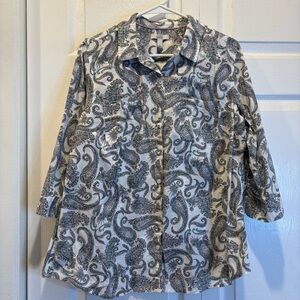 Croft & Barrow Gray Paisley Quarter Length Sleeve Button Up Top - Size Large